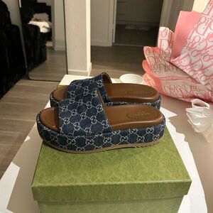 Gucci Denim GG Monogram Platform Slides in Blue